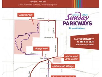 Map of Portland Sunday Parkways 2026 route highlighting parks and landmarks.