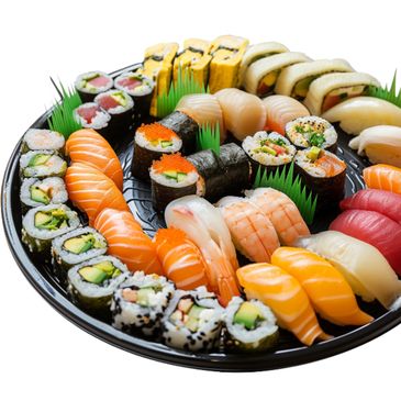 Assorted sushi platter with fresh rolls and nigiri for catering and events in Springfield, Illinois.