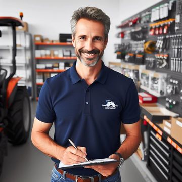 Smiling man in a navy polo shirt holding a clipboard in a workshop.