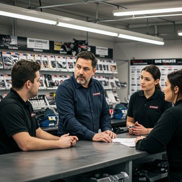 A group of four coworkers having a discussion in a workshop or store.