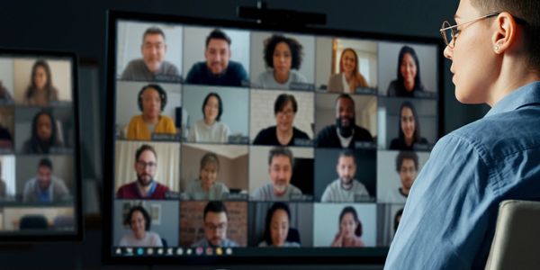 Person attending a virtual meeting with multiple participants on large screens.
