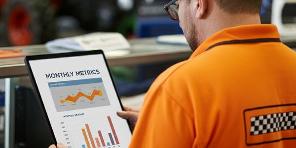 Man in orange shirt reviewing monthly metrics on a tablet.