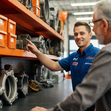 Mechanic assisting a customer in an auto parts store.