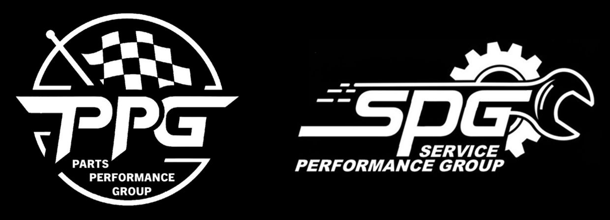 Two white automotive performance group logos on black background.