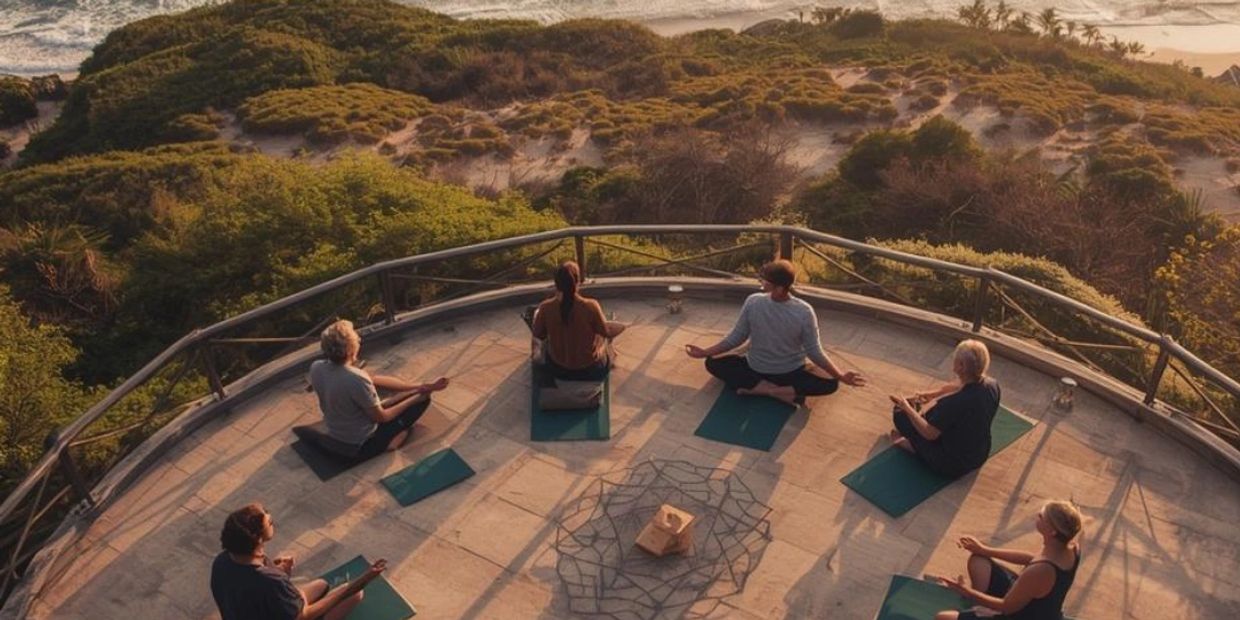 Un groupe méditant sur des tapis sur une terrasse panoramique en plein air au coucher du soleil.
