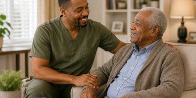 Caregiver and elderly man sharing a warm moment at home.