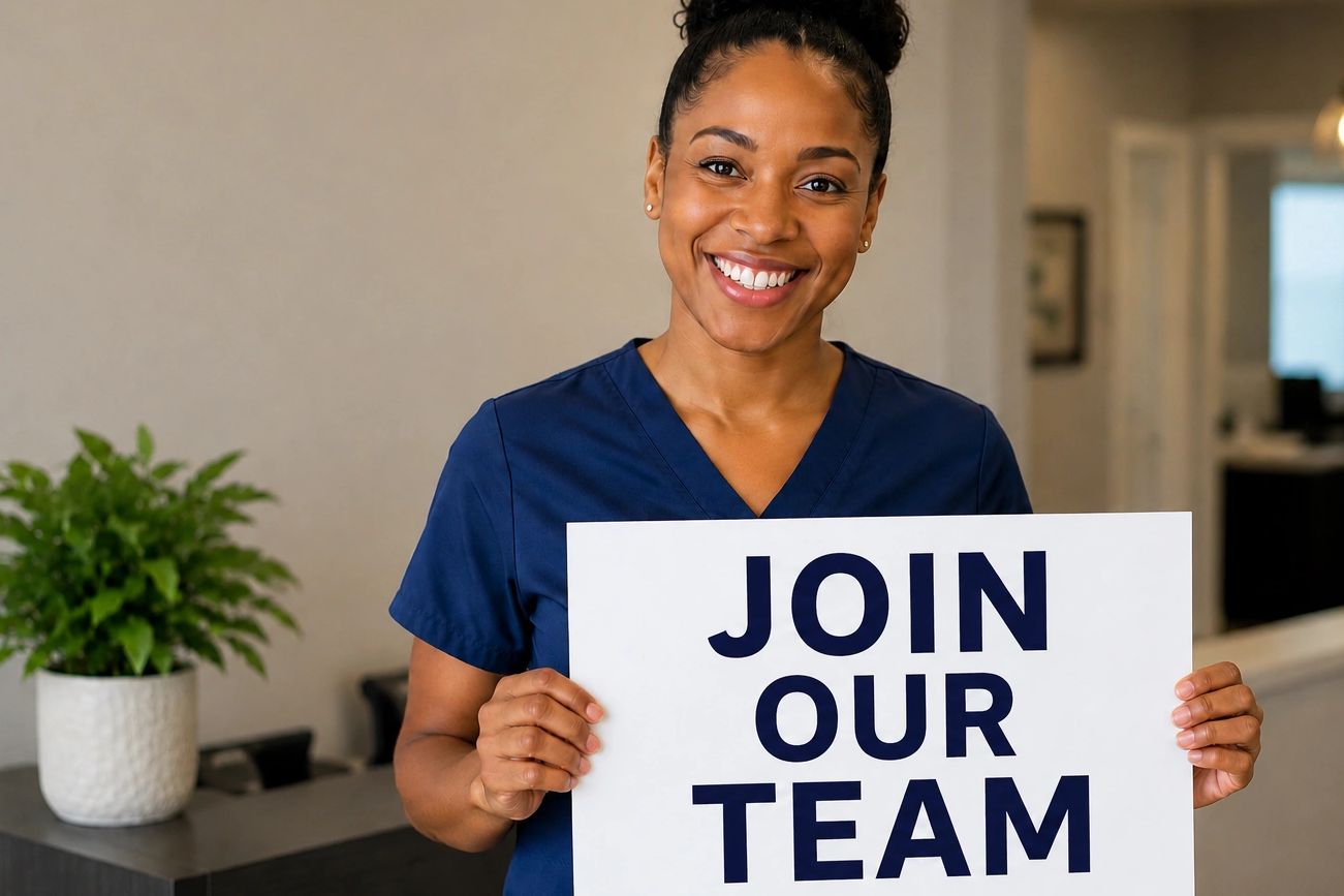 Smiling healthcare worker holding a sign that says 'Join Our Team'.