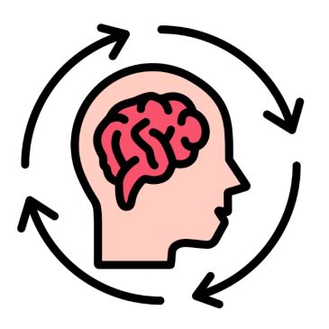 Illustration of a brain inside a head with circular arrows.