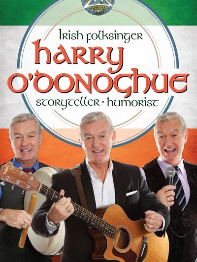 Poster of Irish folksinger Harry O'Donoghue with instruments and microphone.