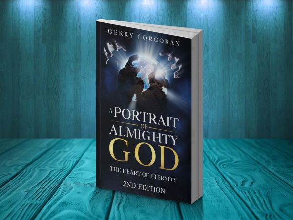 Book titled 'A Portrait of Almighty God' by Gerry Corcoran on a teal wooden table.