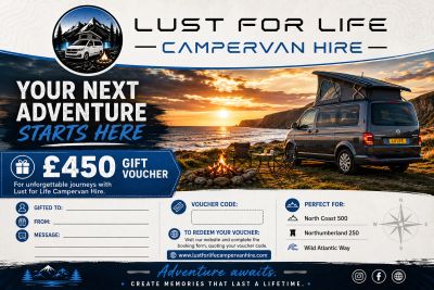Campervan hire advertisement with sunset backdrop and gift voucher offer.