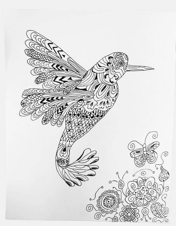 Hand drawn original artwork of hummingbird. Mandala style.