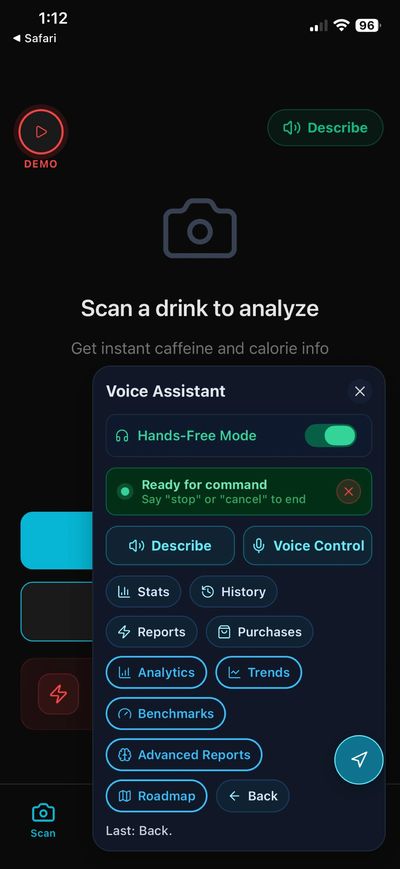 Mobile app interface for scanning drinks with voice assistant features.