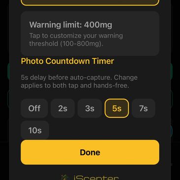 Photo countdown timer settings with a 5-second delay selected.