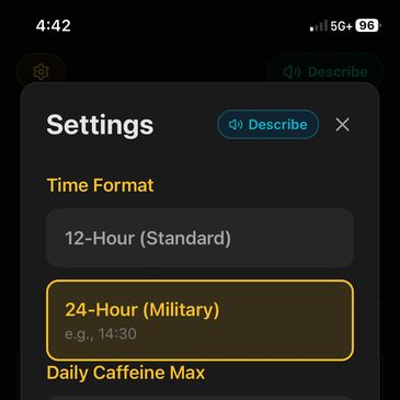 Settings screen showing 12-hour and 24-hour time format options.