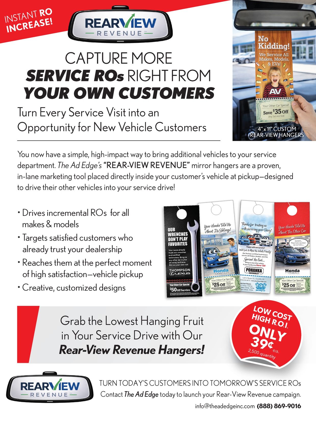 Promotional flyer for RearView Revenue mirror hangers to increase service RO captures.