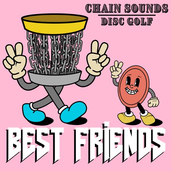 Cartoon disc golf basket and disc as best friends.
