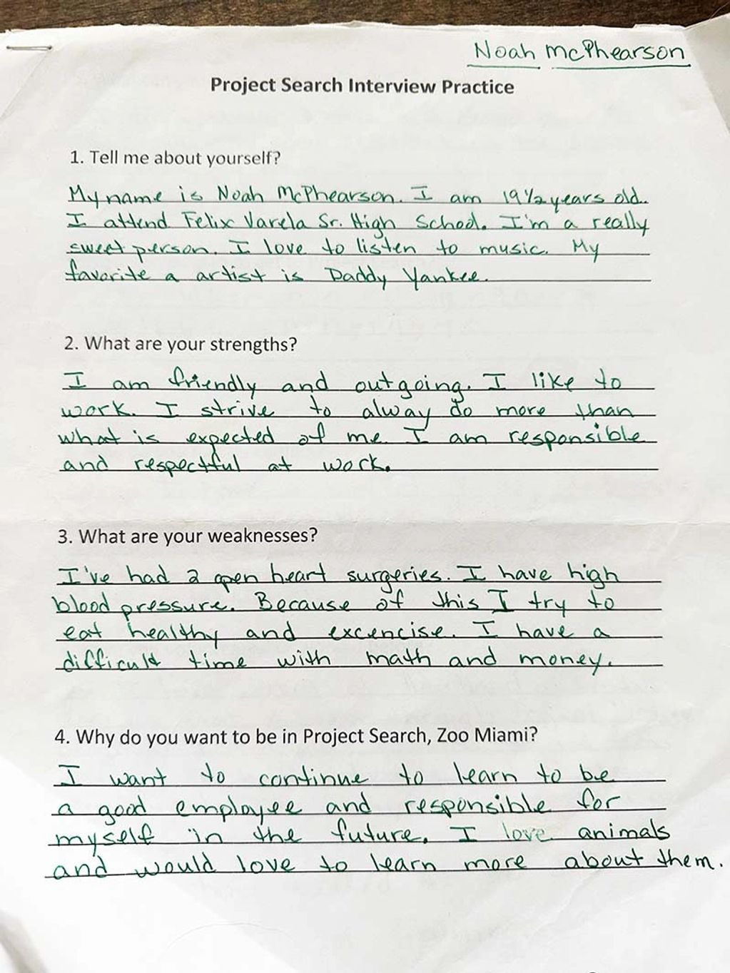 Noah successfully interviewed for a program at the Miami Metro Zoo.