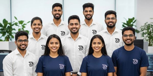 A diverse team of professionals posing in an office with branded shirts and smiles.