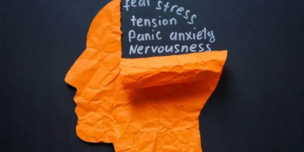 Crumpled orange paper shaped like a head with mental health issues listed inside.