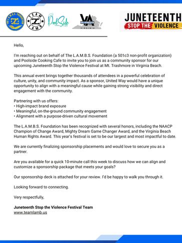 Letter inviting sponsorship for Juneteenth Stop the Violence Festival at Mt. Trashmore, Virginia Beach.