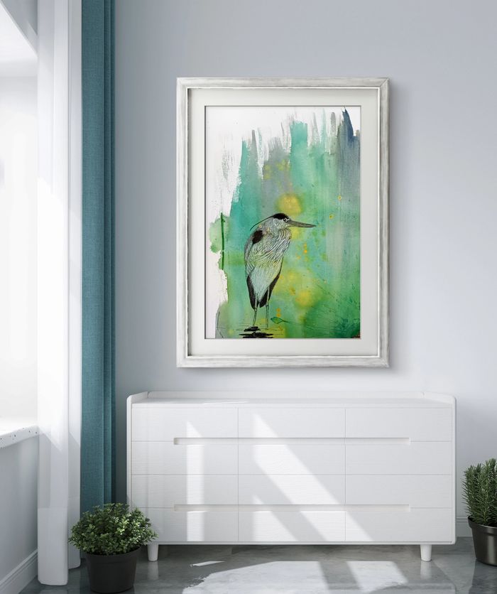 Heron 5  Hand transfer of original pen and ink drawing onto watercolor background