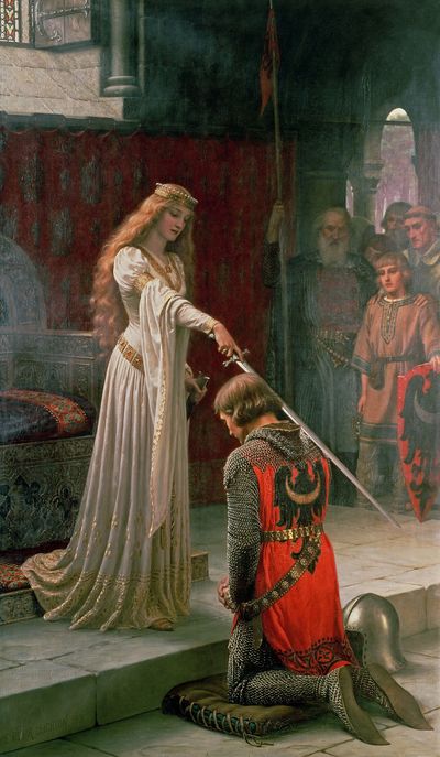 Accolade by Edmund Blair Leighton. A man kneeling before a queen as she knights him with a sword