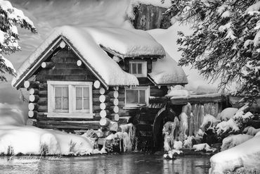  Big Springs,  Idaho, Island Park, Johnny Sack,  small structure, snow, water-wheel, winter