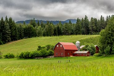 agriculture, farm, forest, green, Hood River, Oregon, Red Barn, rolling hills, silo, stormy skies, 