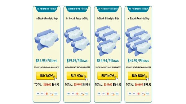 Pricing chart for MelaroPro pillows with discounts on bulk purchases.