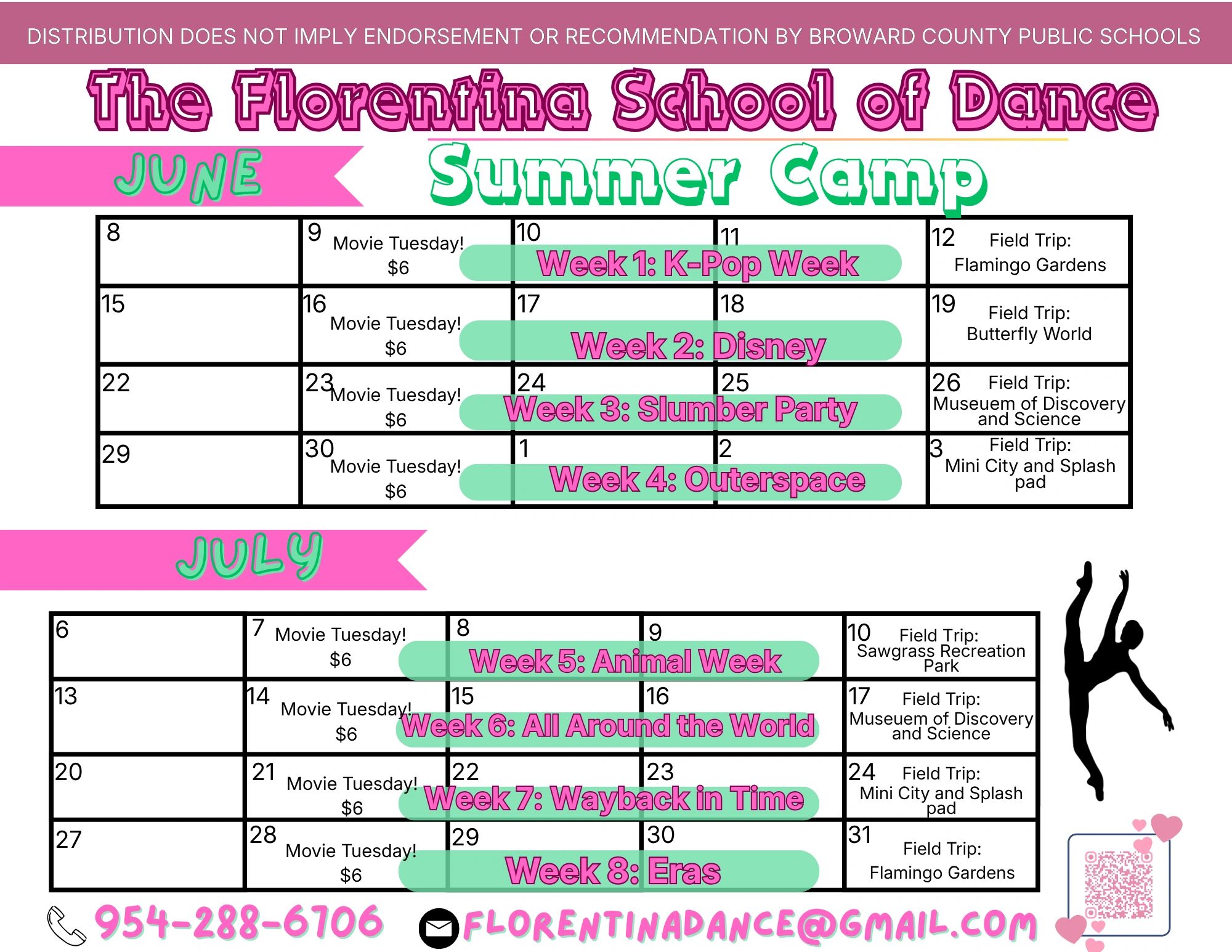 June and July summer camp schedule for The Florentina School of Dance with themed weeks and field trips.