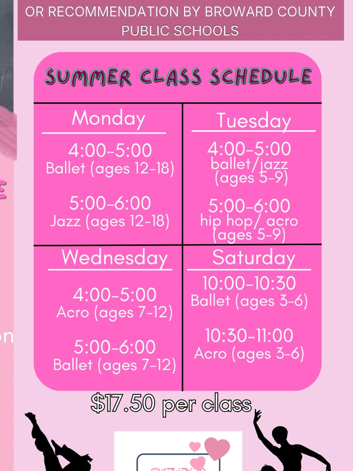 Colorful flyer for Florentina School of Dance camp with schedule and activities.