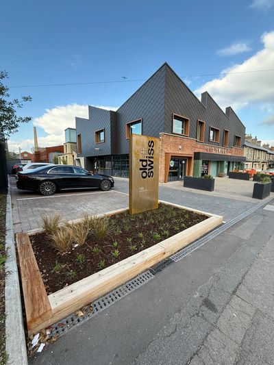 Corten Monolith sign and 3D lettering for old Swiss