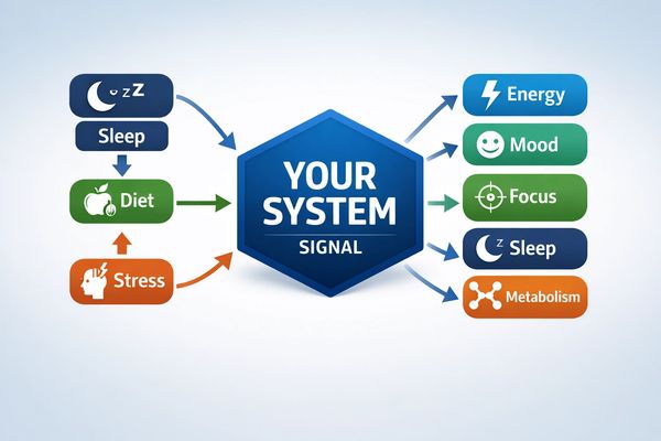 Diagram showing how sleep, diet, and stress affect your system and its outputs.