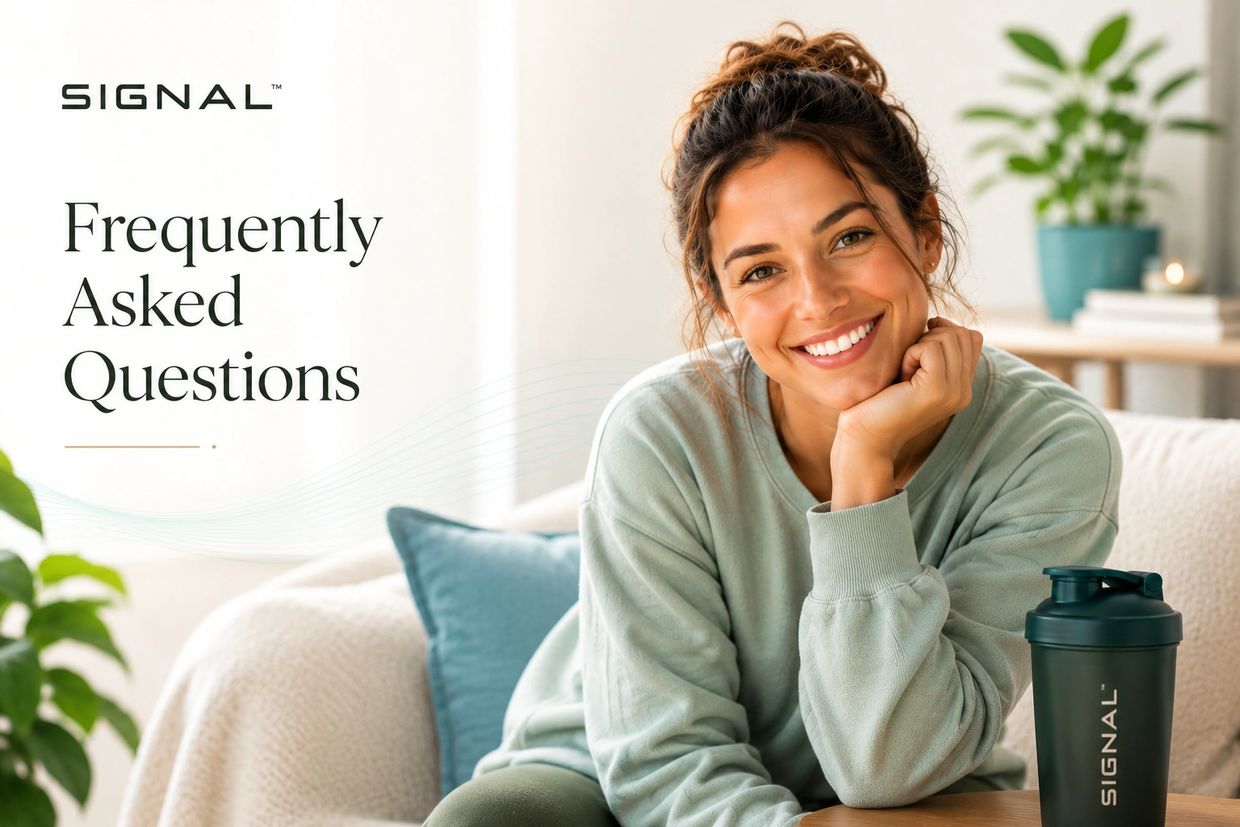 Smiling woman on couch with Signal branded shaker cup and FAQ text.