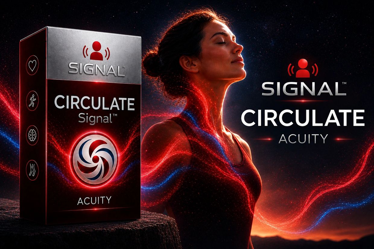 A serene woman with eyes closed next to a Signal Circulate Acuity product box with flowing red and blue energy streams.