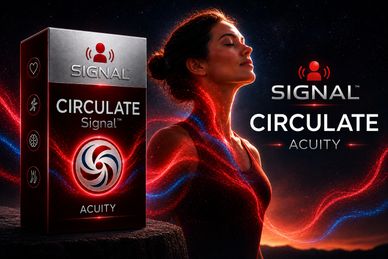 Signal Circulate Acuity supplement box with woman and glowing red-blue lines.