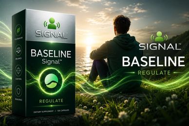 Signal Baseline Regulate supplement box with man sitting by a lake at sunset.