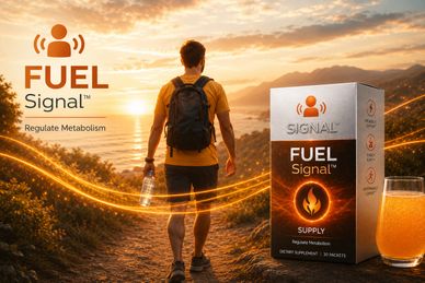 Hiker with Fuel Signal supplement box and drink at sunset on a trail.