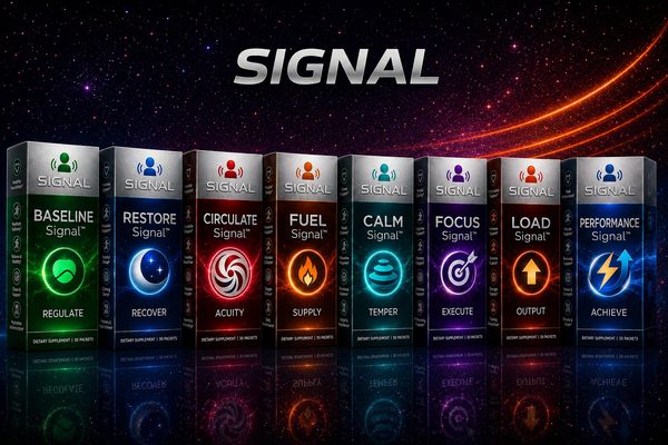Colorful SIGNAL supplement boxes each with unique icons and benefits.