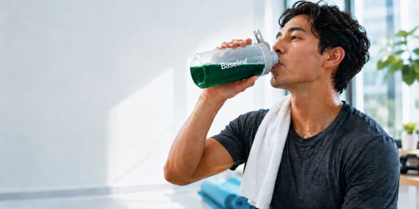 Man drinking a green smoothie after workout with towel on shoulder.
