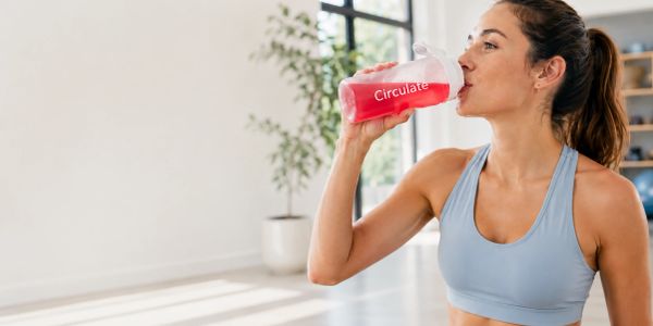 Woman in sportswear drinking a red beverage from a bottle labeled Circulate.