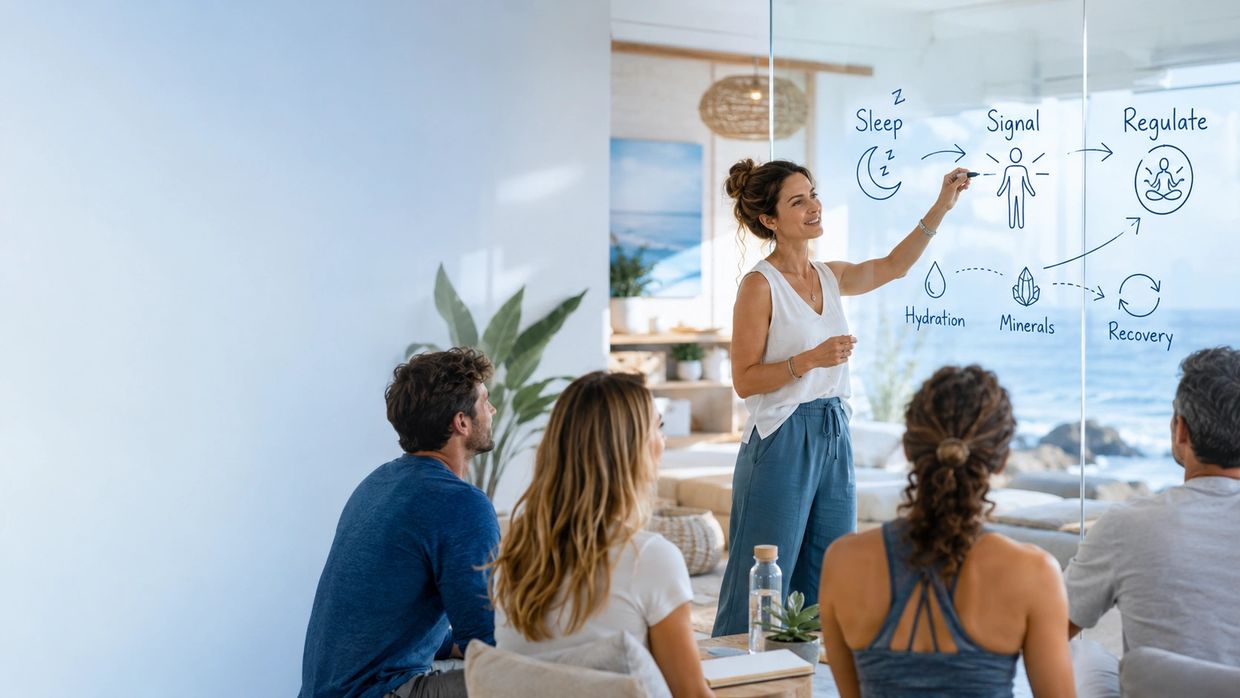 Woman presenting a wellness concept to a group with diagrams on glass.