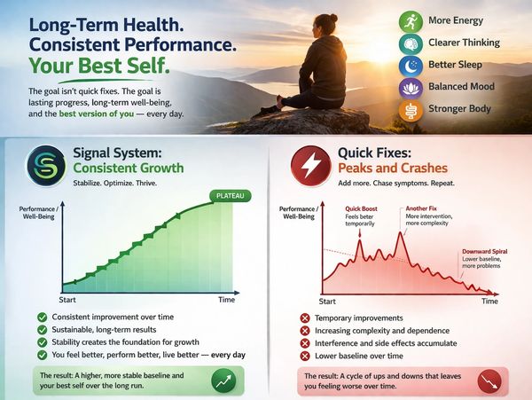 Infographic contrasting long-term health growth with quick-fix crashes for consistent well-being.