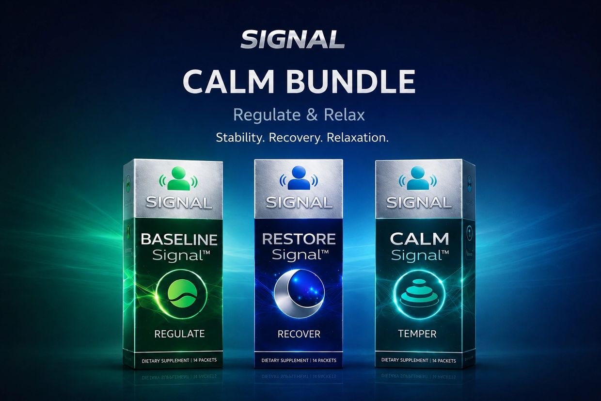 Signal Calm Bundle with Baseline, Restore, and Calm Signal dietary supplements for relaxation.