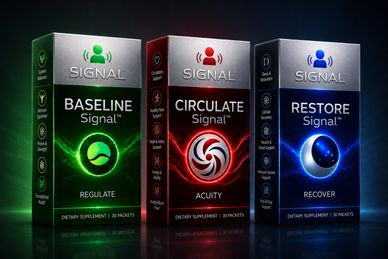 Three Signal dietary supplement boxes in green, red, and blue for regulating, acuity, and recovery.