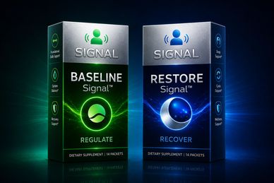 Two Signal dietary supplement boxes, Baseline for regulate and Restore for recover.