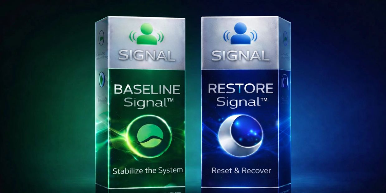 Two Signal product boxes, Baseline and Restore, with green and blue designs.