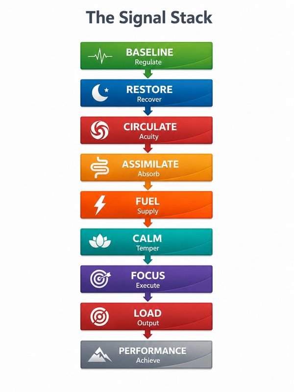 A colorful infographic showing stages of The Signal Stack from Baseline to Performance.
