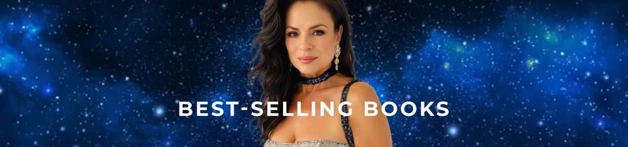 Woman posing with text 'Best-Selling Books' against a starry blue background.